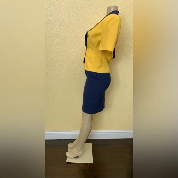VTG Club 5’4” Petites Size 6P Yellow & Navy Blue Short Sleeve Skirt 2pc Suit Set - Picture 10 of 16